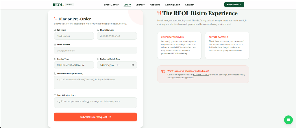 REOL Nexus Bistro Dine or Pre-Order Form